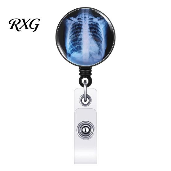 Radiology Badge Reel Reel, Retractable Skeleton Holder with Clip, Chest Skull Clip Bones Patterns Name Card for Nurse Doctor ID Cards