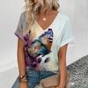 Summer New 3D Printe T-shirt Women's V-neck Top Summer Daily  Short-sleeved White Comfortable Street T-shirt