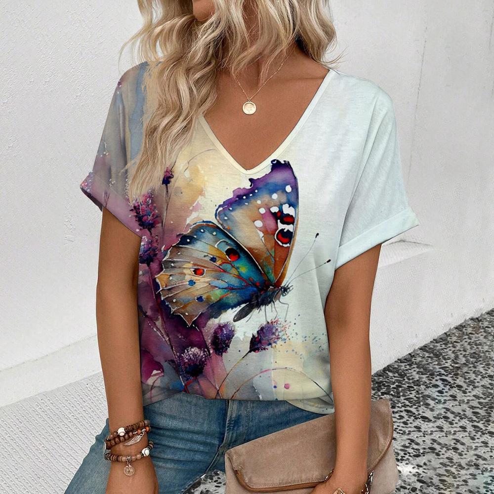 Summer New 3D Printe T-shirt Women's V-neck Top Summer Daily Short-sleeved White Comfortable Street T-shirt