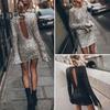 Women Dress Shiny Sequin Hollow Out Back Long Sleeve Loose Round Neck Split Cuff Sheath Individual Streetwear Club Party Dance Mini Dress