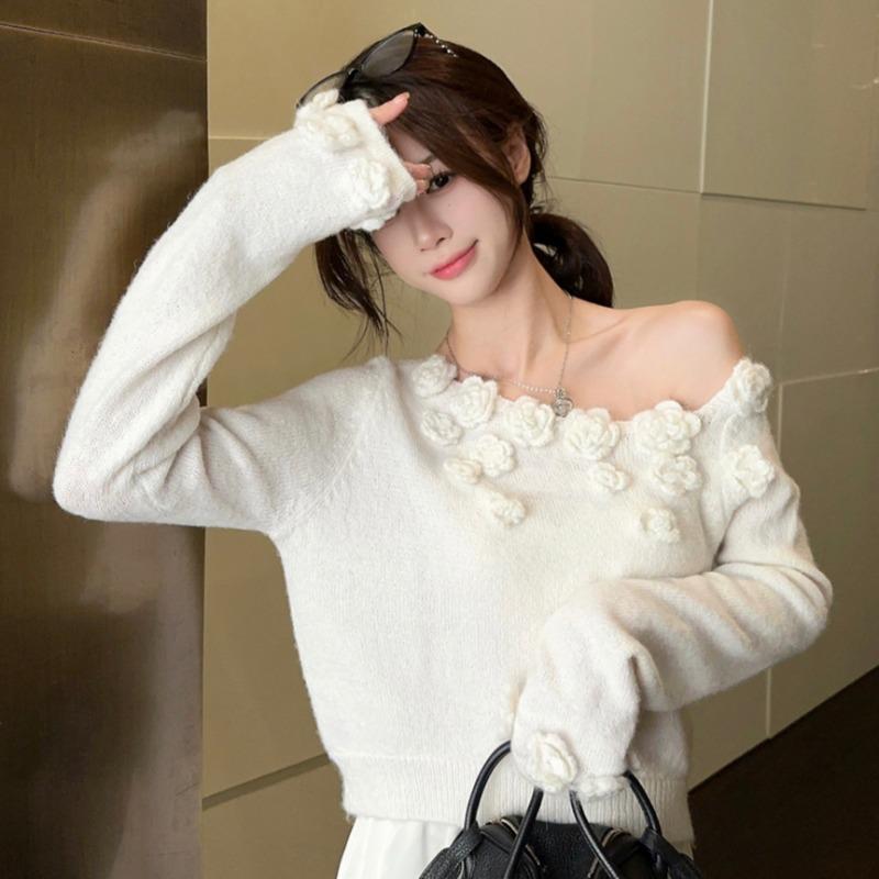 Spring and Autumn Women's New Three-dimensional Rose Shoulder Short Sweet Long-sleeved Sweater