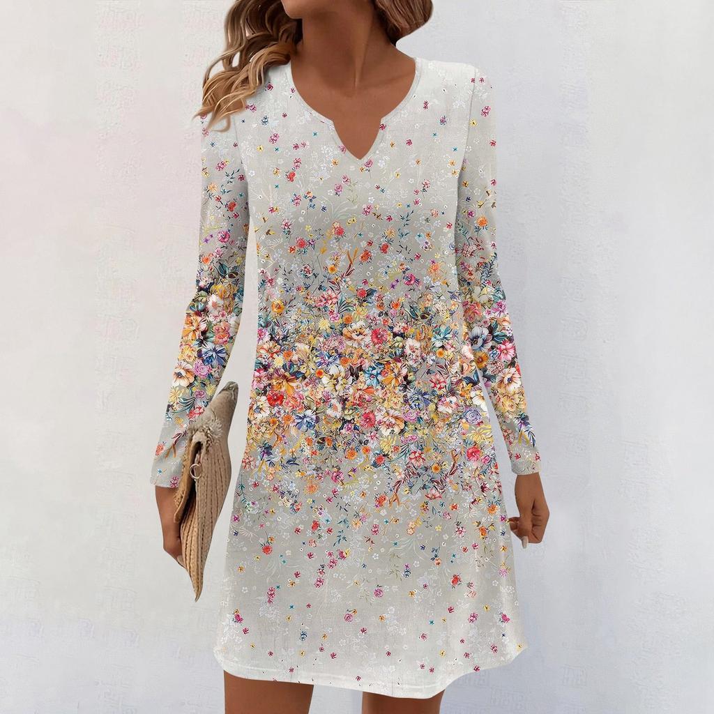 Women's Long-sleeved Casual Midi Dresses V-Neck Print Casual Dress