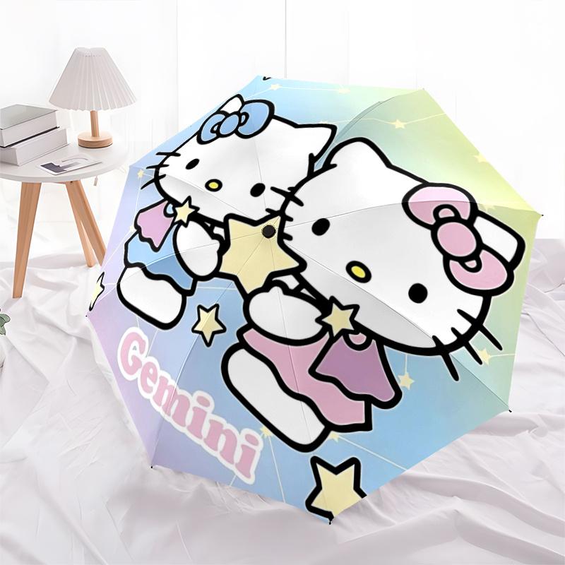 1pc Hello Kitty Gemini Zodiac Sign Automatic Folding Umbrella - Portable 3-Fold Design with Iron Frame - Outdoor for Fans, Travelers, Everyday Use - P