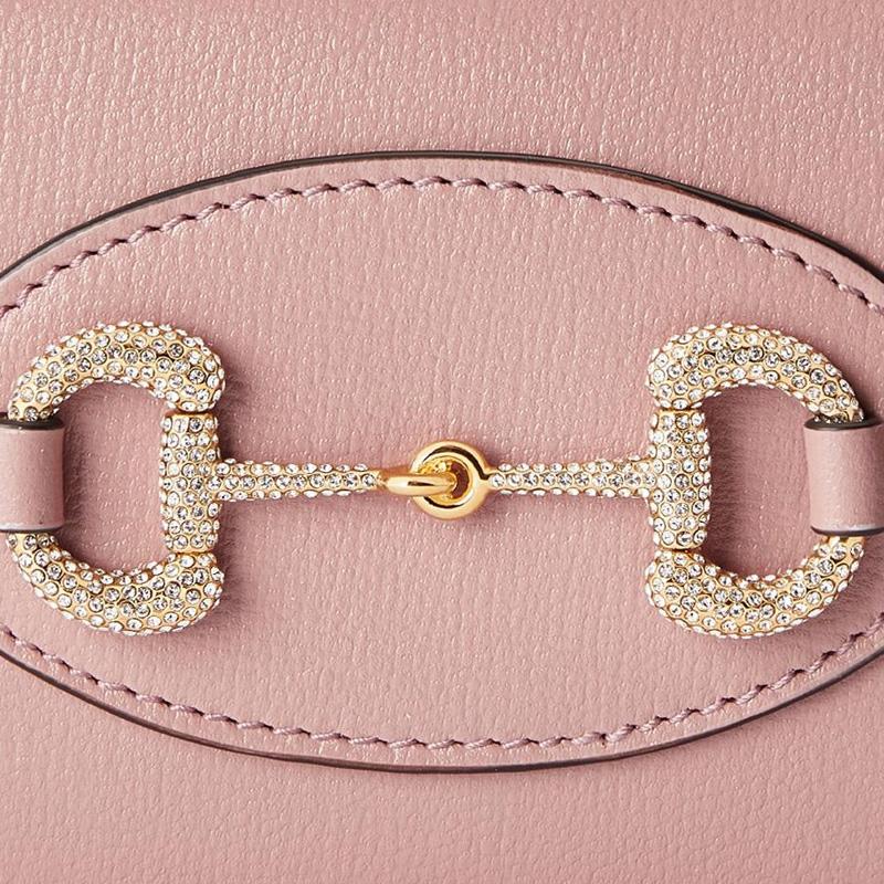Gucci Horsebit 1955 Horsebit snap closure crystal gold tone accessories leather card holder wallet women's light pink