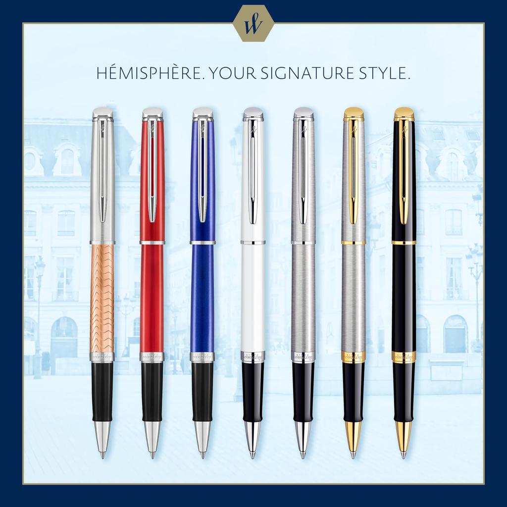 Waterman Hemisphere Gift Box includes Fine Nib Gold Trim Roller Ball Pen Stainless Refill Roller Ball Pen - Steel/Black - (Used)