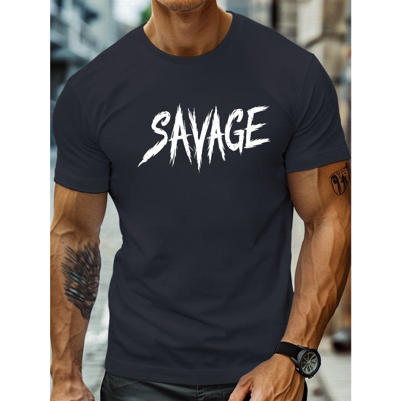 Мужская футболка "SAVAGE" европейского размера с смелым металлическим принтом - Повседневная с круглым вырезом, легкая хлопковая футболка, можно стирать в машине - Идеально для летнего стритвира