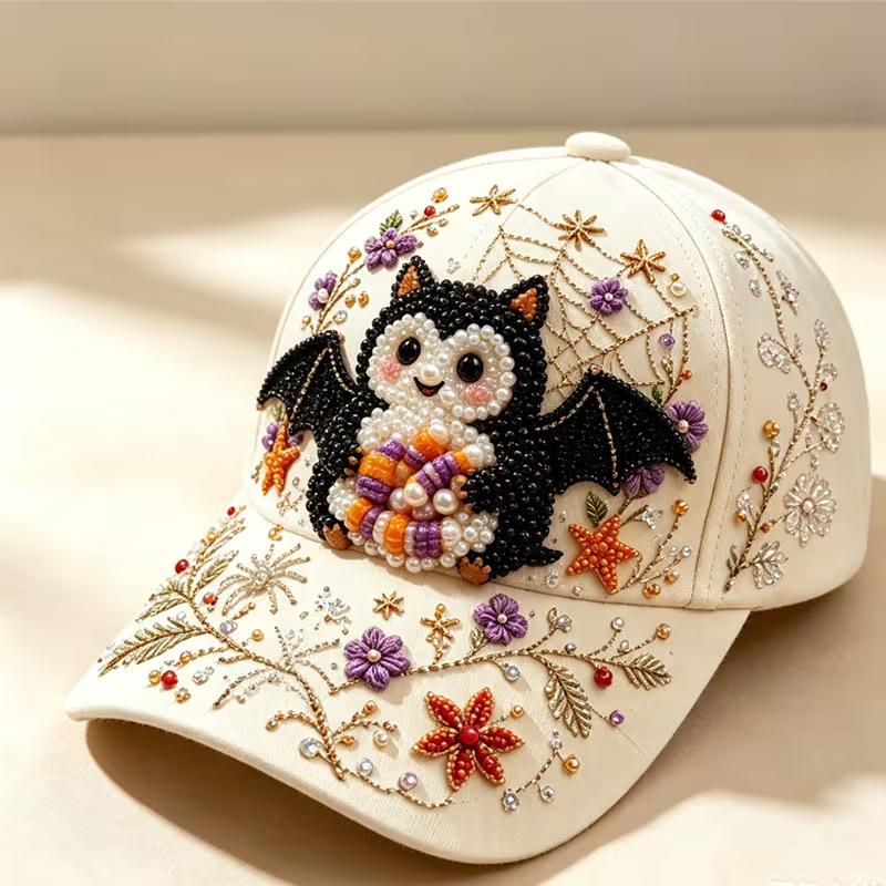 D Cute Ghost Bat Skull Spider Pumpkin Floral Vintage Cream Digital Print Halloween Baseball Cap
