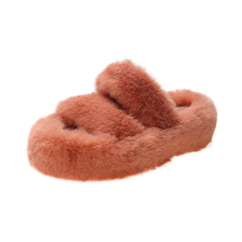 Thick Bottom Fluffy Women's Slippers Spring Autumn and Winter Large Size One Word Warm Indoor Fashion Versatile Flat Bottom Thickened Foreign Trade