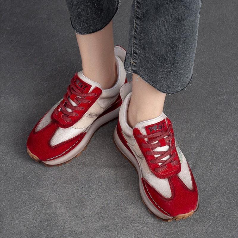 Johnature Genuine Leather Mixed Colors Lace-up Sneakers Women Leisure Sport Soft Sole Comfortable Shoes