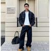 Men's Dark Blue Raw Denim Workwear Jacket - Loose Fit & Worn-Out Style