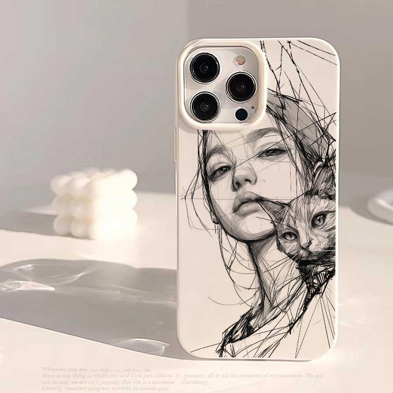 Скетч Девушка и Кот для IPhone16 Желейный 15 Чехол для телефона 14Pro для Apple 13/12 Силиконовый 11 Новый стиль