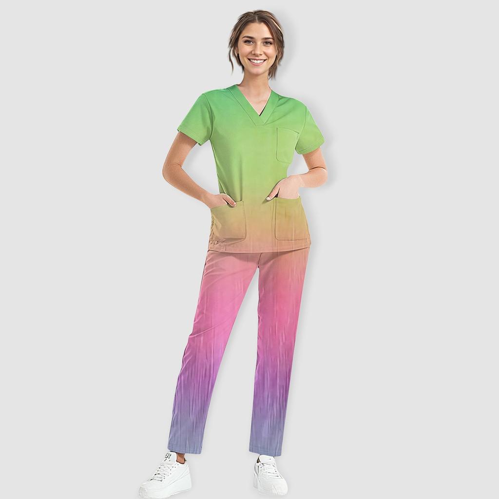 Women's Short Sleeve V Neck Gradation Chest Pocket Work Top Elastic Waist Pants Two Piece Work Set,3 Pockets,Scrubs Tops For Women