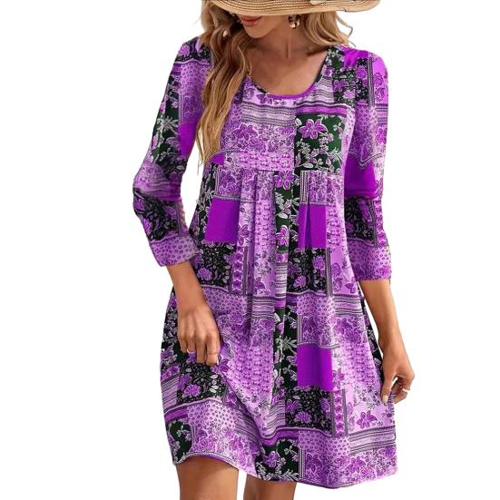 Женское весеннее платье в стиле ретро с этническим принтом, длинным рукавом и круглым вырезом, свободный пуловер, мягкий дышащий женский мини-платье длиной выше колена