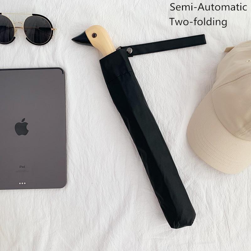 Милый зонт с деревянной ручкой в виде утки, складной, автоматический, с защитой от УФ-лучей, ветрозащитный, с черным покрытием, женский, портативный, солнцезащитный зонт, Академия зонтов