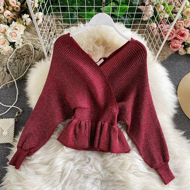 RUGOD Весенний новый яркий шелковый вязаный топ с v-образным вырезом и длинными рукавами, модный темпераментный короткий универсальный топ с тонкой спинкой и длинным рукавом