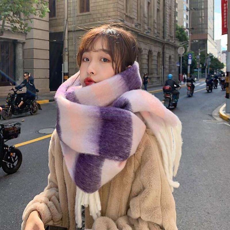 Winter Imitation Cashmere Scarf Korean Fashion Fringed Plaid Scarf Women's Dual-use Lengthened Thick Shawl Scarf