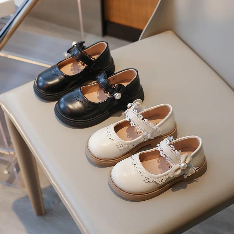 2024 Девочки Кожаные Туфли Мэри Джейн Модные Лолита Стиль Жемчуг Детские Туфли Принцессы Весна Осень Толстая Подошва Детские Одиночные Туфли