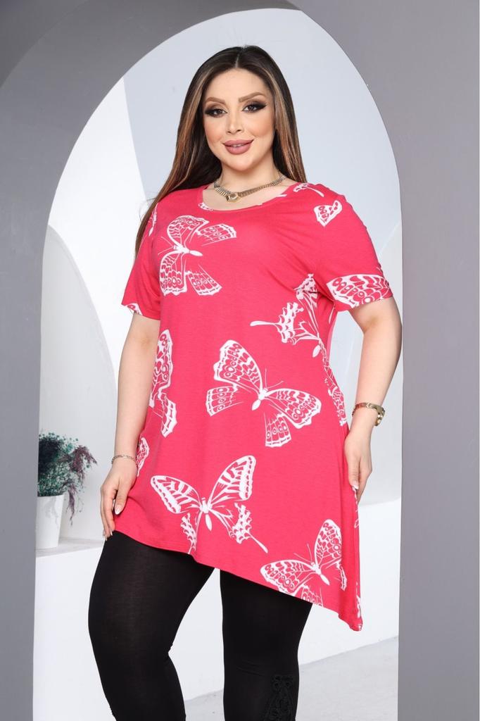 Женская блузка большого размера Розовая асимметричная блузка с узором бабочки
