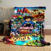 Colorful Roblox-themed world with characters, buildings, vehicles, and landscapes. for all seasons blanket lunch break throw gift