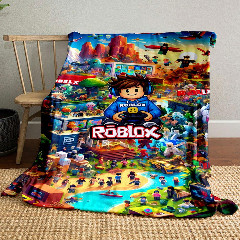 Colorful Roblox-themed world with characters, buildings, vehicles, and landscapes. for all seasons blanket lunch break throw gift