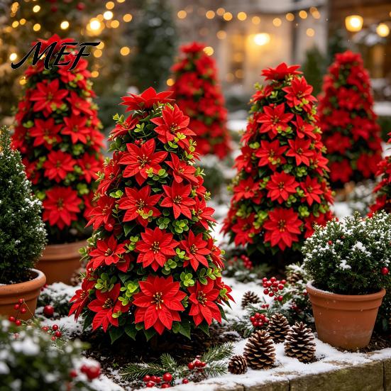 Indoor Outdoor Holiday Accents 22" Artificial Poinsettia Flowers with Ground Spikes, Red Christmas Floral Stakes, Waterproof Inserted PVC Simulation