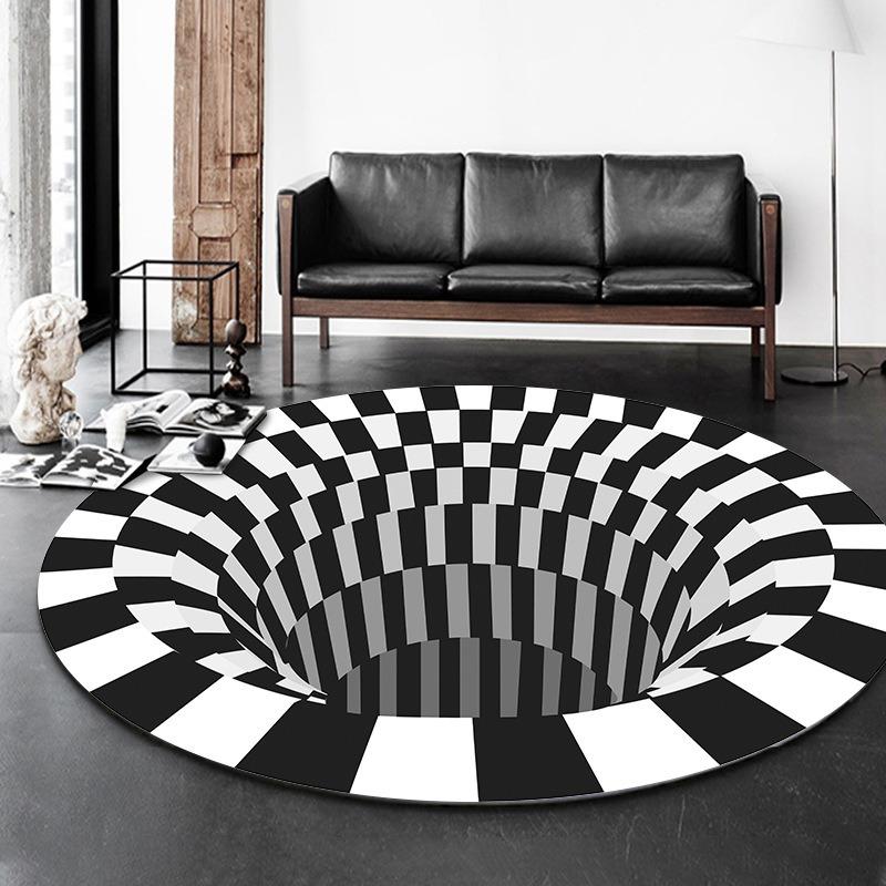 Disney Black White Plaid 3D Visual Carpet Circular Vortex Living Room Coffee Table Sofa Floor Mat Bedroom Home Decor Rug