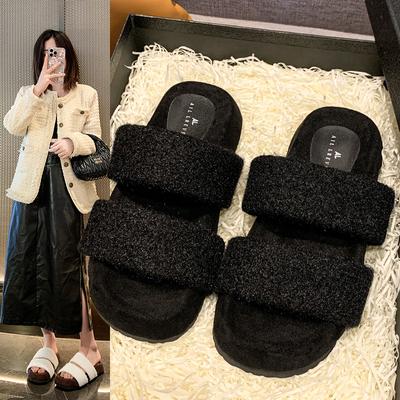 Мода 2024 Новые женские замшевые теплые тапочки на толстой подошве с квадратным носком, шлепанцы, женские плюшевые хлопковые туфли на плоской подошве в римском стиле