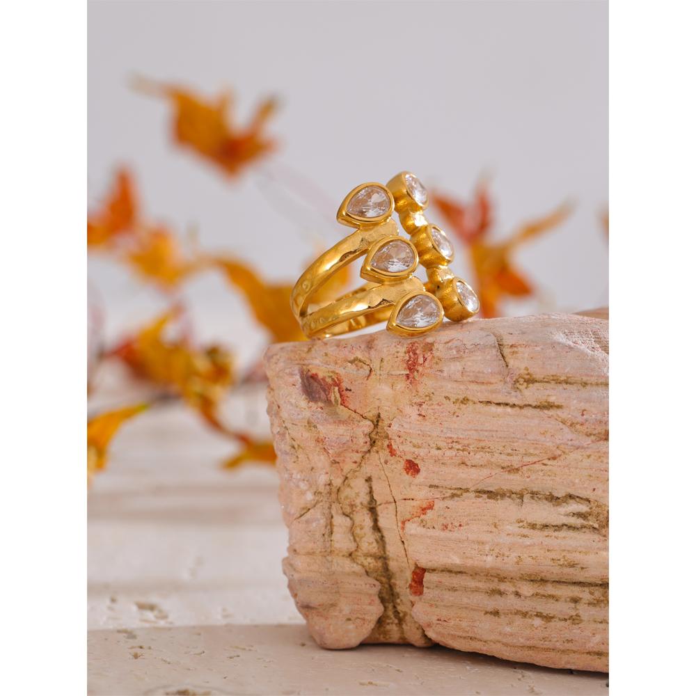 Yhpup Size 7.5 Cubic Zirconia Casting Golden Ring Stainless Steel High Quality PVD Plated Finger Jewelry Gift