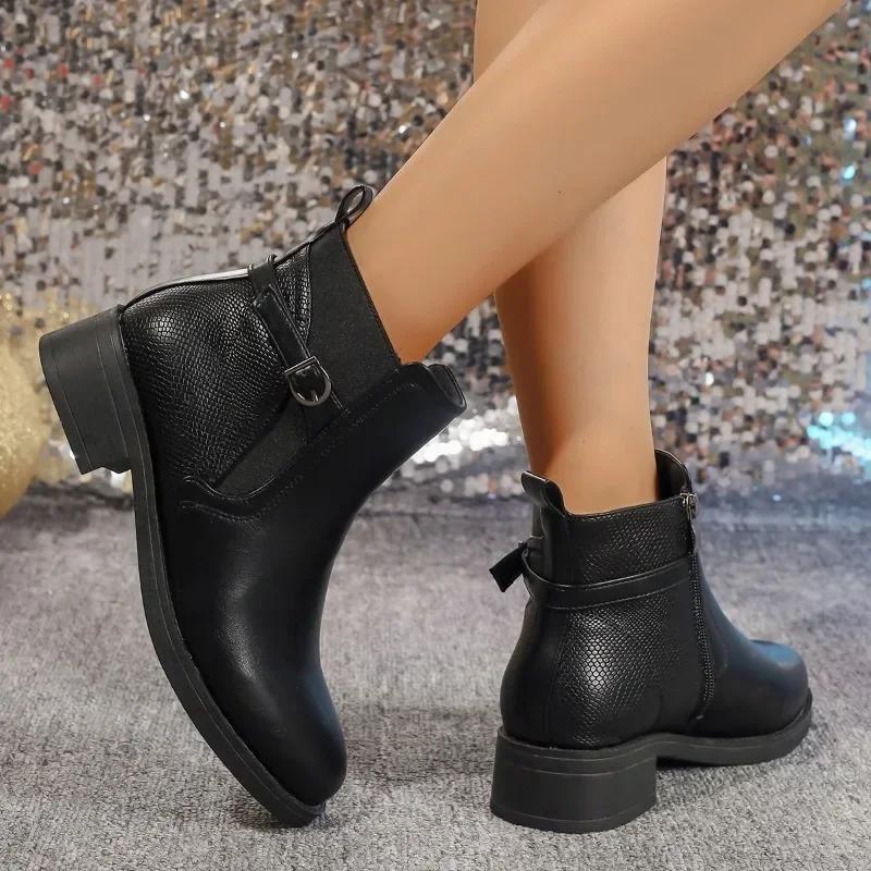 Модная обувь для женщин 2024 года, горячая распродажа, женские ботинки с боковой молнией, осенние, с круглым носком, однотонные, короткие, на низком каблуке, большие размеры, ботинки Zapatos Mujer