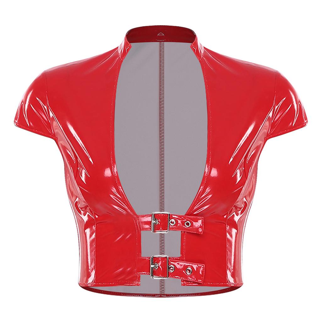 Womens Wet Look PU Crop Top Open Front Adjustable Buckles Cap Sleeve Crop Corset Glossy Clubwear