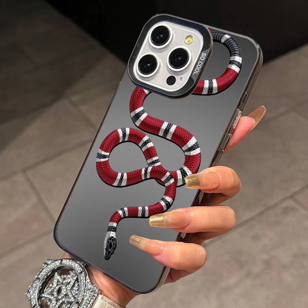 Stylish Black S-Snake Print Phone Case For iPhone 17,16,15,14,13,12,11 Plus,Pro Max,XS,Colored Silver Plated Inside Cover