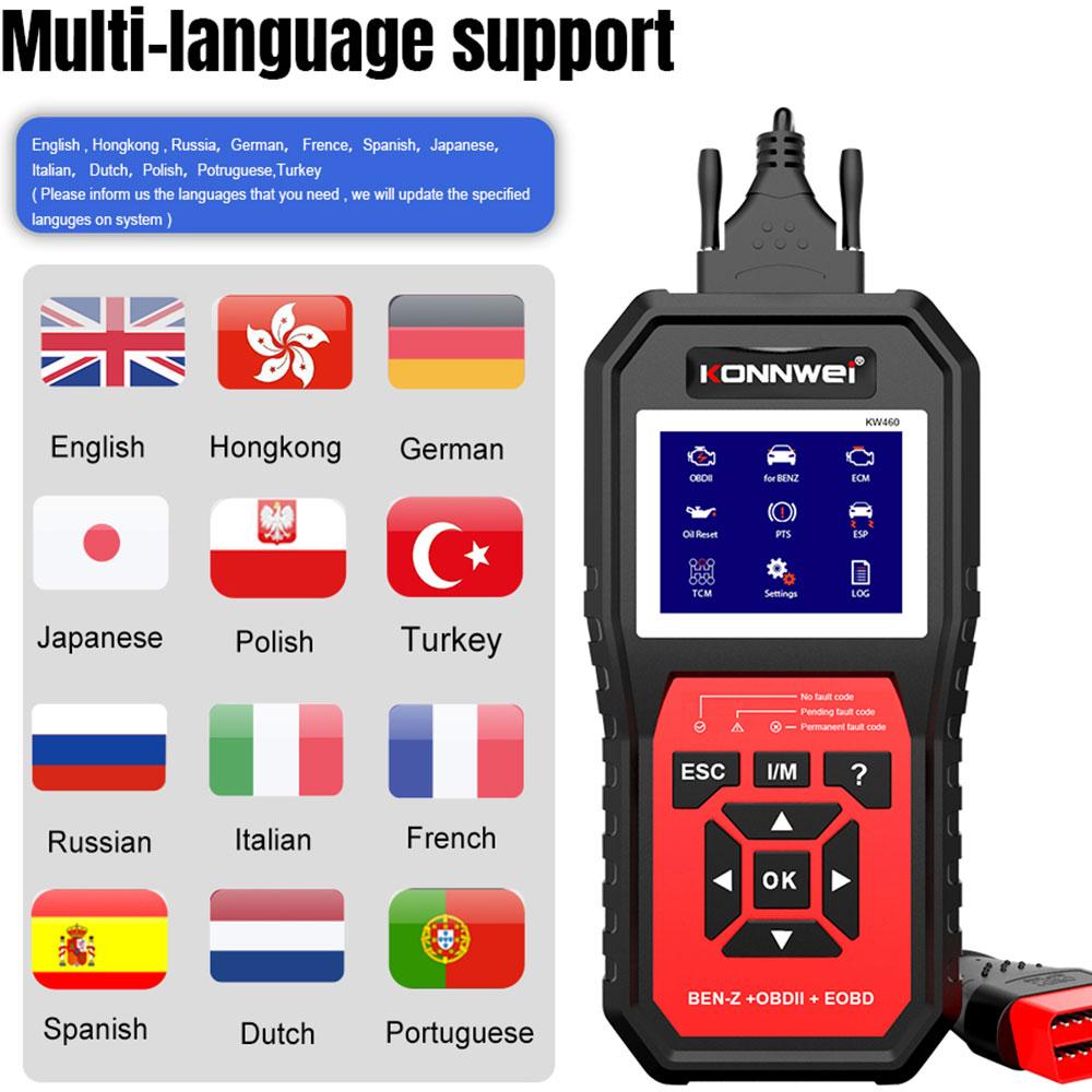 KONNWEI KW460 Диагностический инструмент для всех систем OBD 2 Автомобильный сканер кодов ошибок ODB2 ABS Подушка безопасности Масло ABS EPB DPF SRS TPMS Сброс