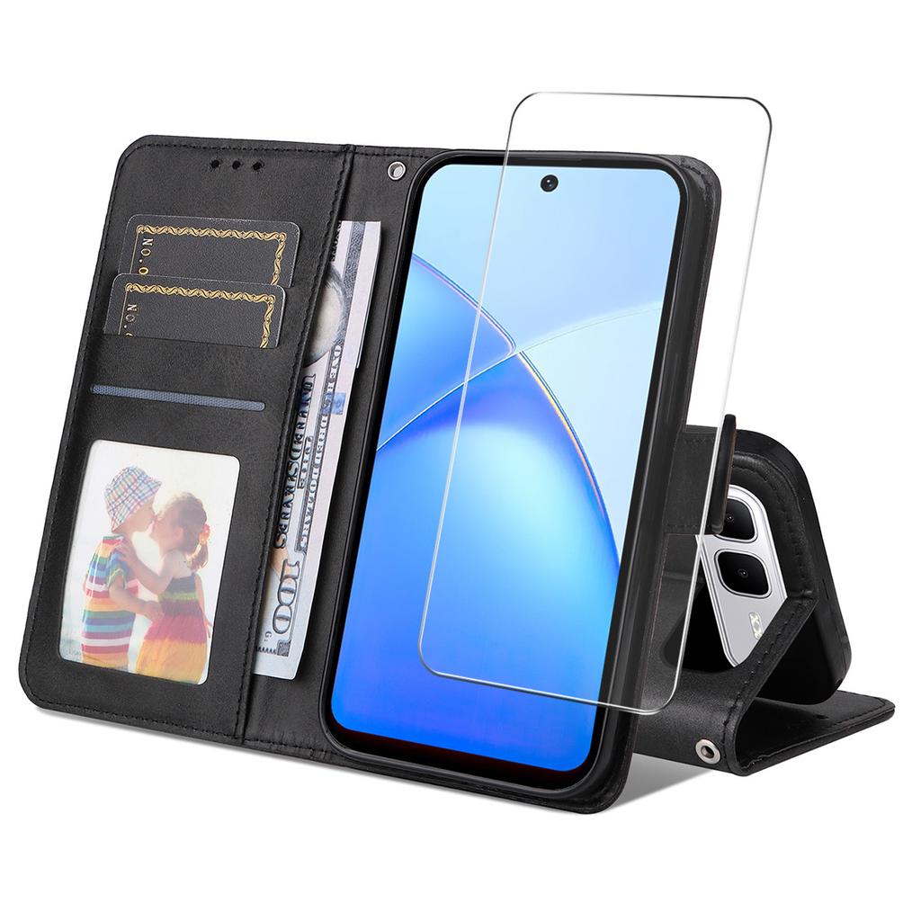 For Infinix Smart 10 Plus PU Leather Wallet Case Phone Stand Cover with Tempered Glass
