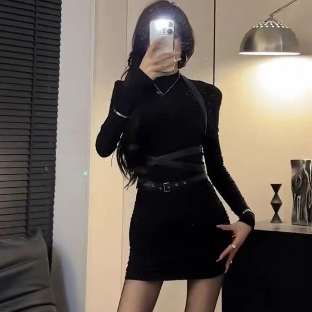 Women's Gothic Short Dress Spring New Hundred Dark Wind Functional Solid Color Long Sleeve Hip Dresses