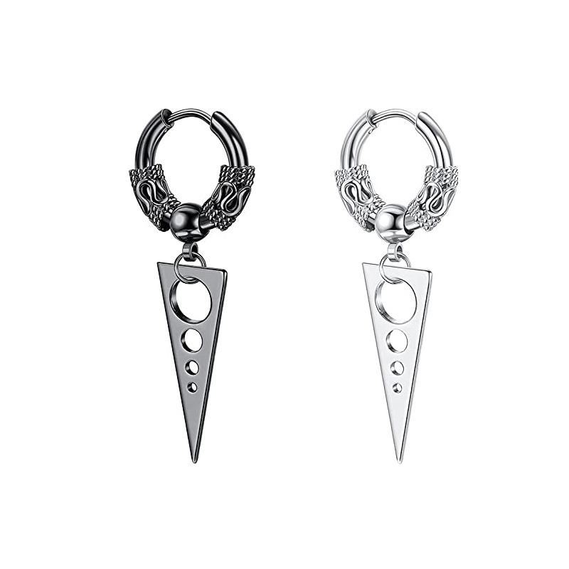 Stainless Steel Huggie Hoop Dangle Earrings Punk Hip Hop Vintage Feather Cross Spike Sword Triangle Drop Earrings for Men Wome