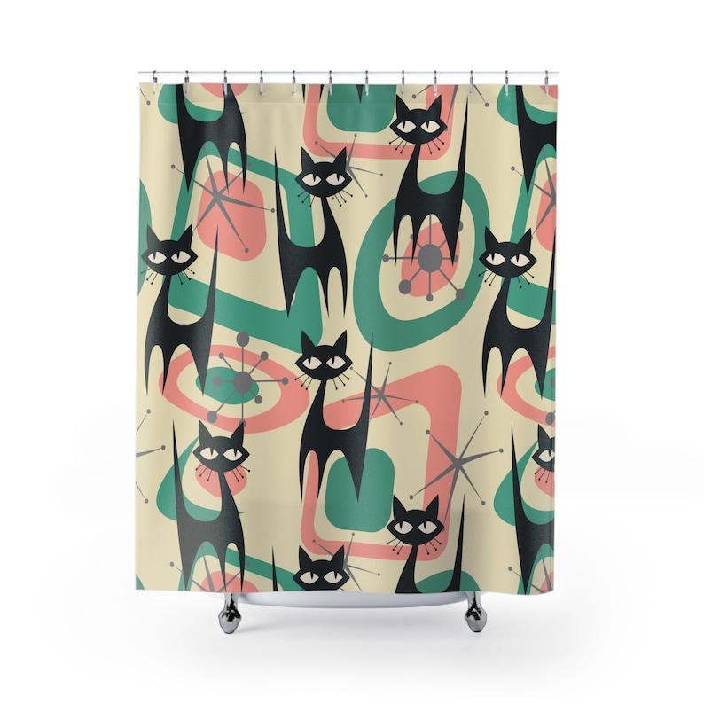 Atomic Cat Mid Century Modern Starburst Shower Curtain, 60s Retro Geometric Pink, Mint, Gray MCM Bath Decor