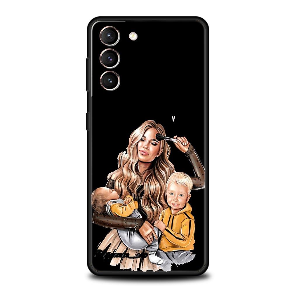 Чехол для телефона с черными каштановыми волосами для ребенка, мамы и дочки, сына для Samsung Galaxy S24 S23 S22 S20 Ultra S21 FE 5G S10 S9 Plus S10E, силиконовый чехол