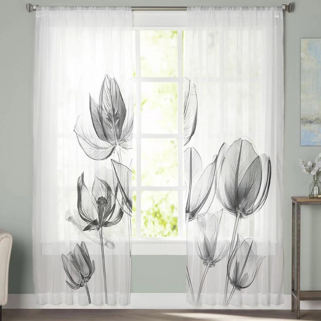 Flower Laser Tulip Transparent Bedroom Transparent Sheer Curtains Holiday Decoration Window Voile Tulle Curtain