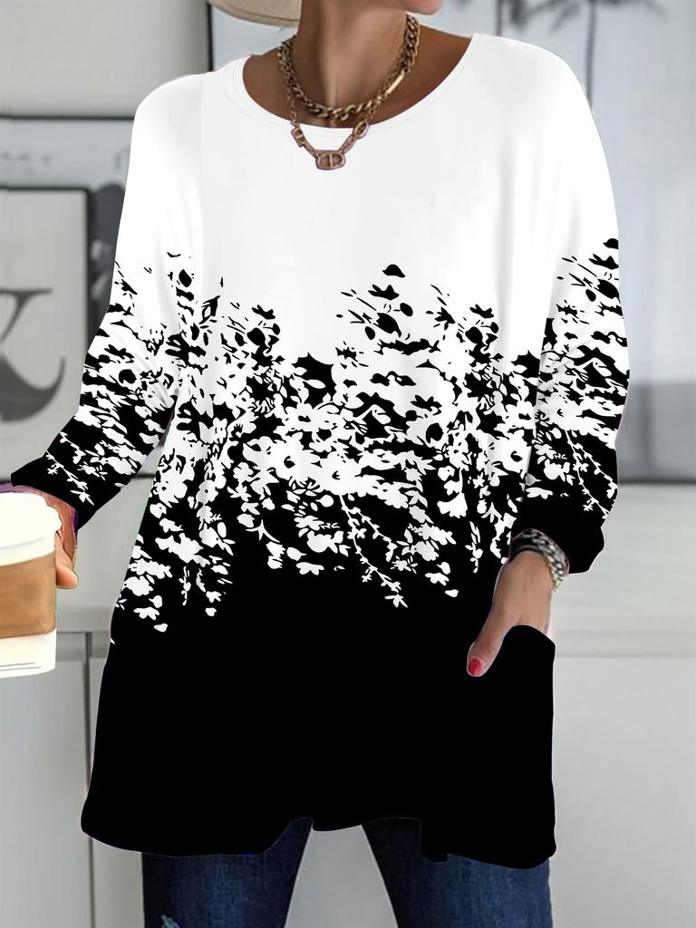 2025 Осень Зима Новые Женские Топы Большого Размера, Винтажный Узор 3D Принт Модные Футболки с Круглым Вырезом и Длинным Рукавом
