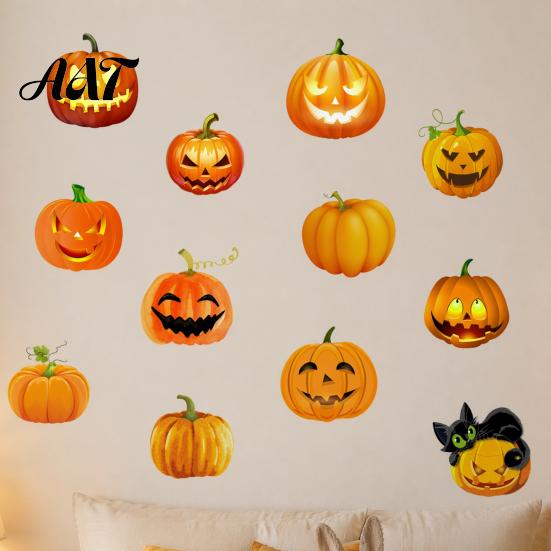 Playful Wizard Cat Wall Graphics 3 Sheets Halloween Ghost Face Pumpkin Sticker, Cute Black Simple Installation Holiday Stickers Decorative Decals,