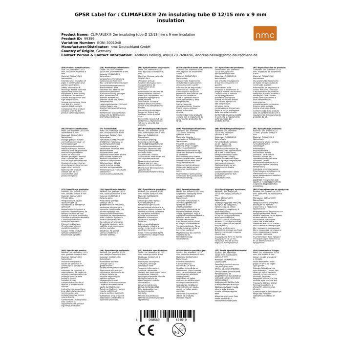 CLIMAFLEX® gaine isolante tuyau 2m, Isolation thermique 12/15mm x 9mm