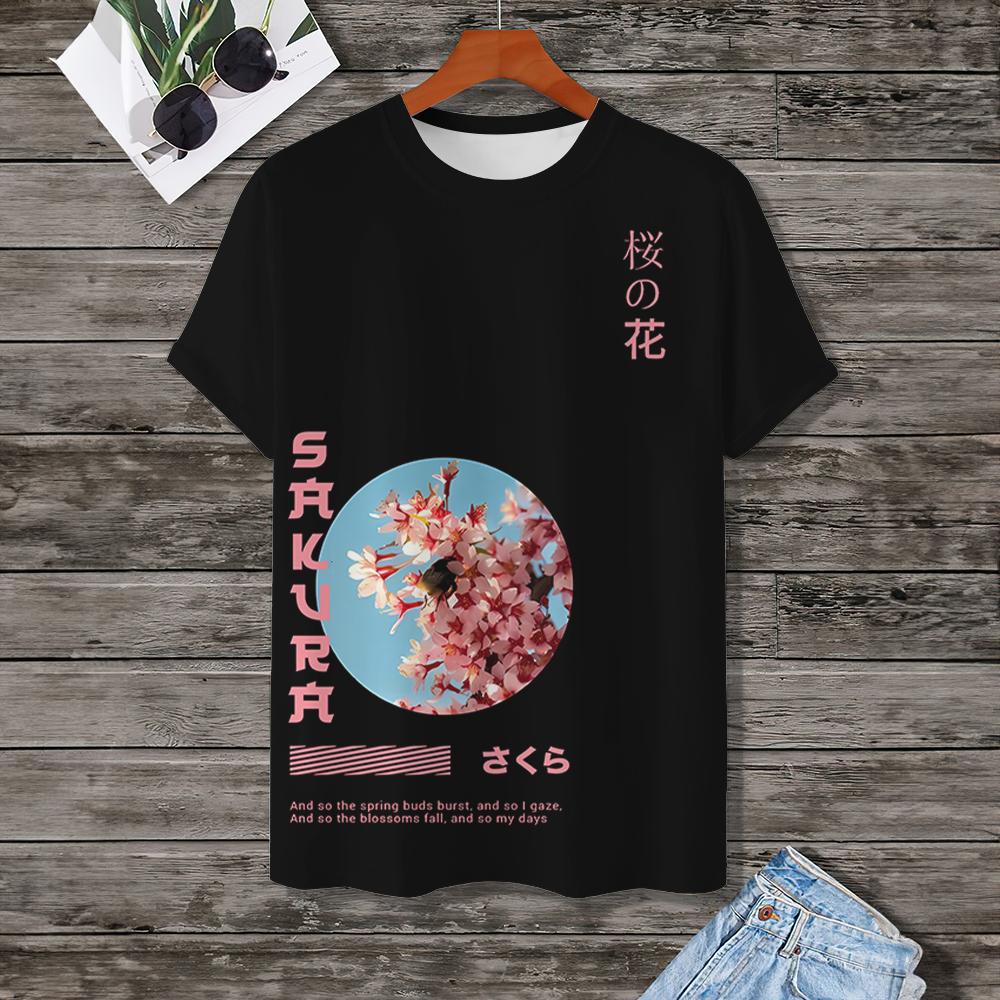 Men's T-Shirt Japanese T-Shirt Tops Fashion Short Sleeved Tees 3d Cherry Blossom Pattern New Summer Plus Size Clothing