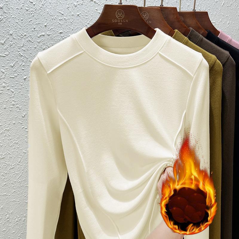 Autumn and Winter Women's Bottoming Shirt Brushed Fleece Long Sleeve Blouse Inner Bottoming Shirt Design Tops