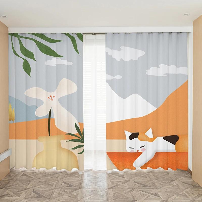 Nordic Ins Style Orange Cat High Shading Curtain Girls Bedroom Living Room Kitchen Simple Shading Thick Curtains Blackout Drap