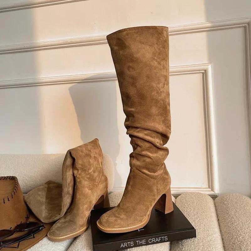 Модные женские сапоги до колена в стиле вестерн, модные плиссированные туфли-лодочки, осень-зима, толстый каблук, женские, современные, длинные сапоги
