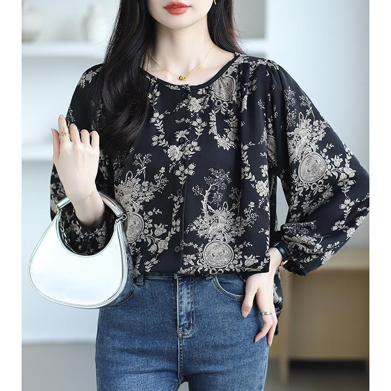 Цветочная шифоновая рубашка для женщин с длинными рукавами, свободный крой, утягивающий живот, прикрывающий антивозрастной топ для женщин, рубашка