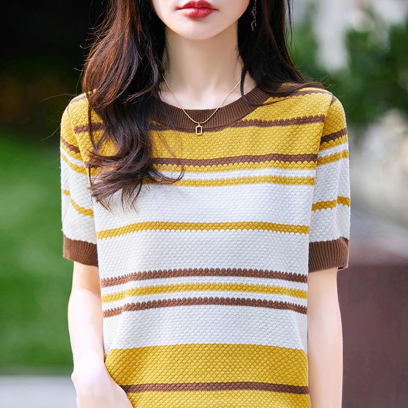 Summer New Women's Cotton Striped Crew Neck Knitted Sweater Fashion Versatile Short Sleeve Pullover T-Shirt Top