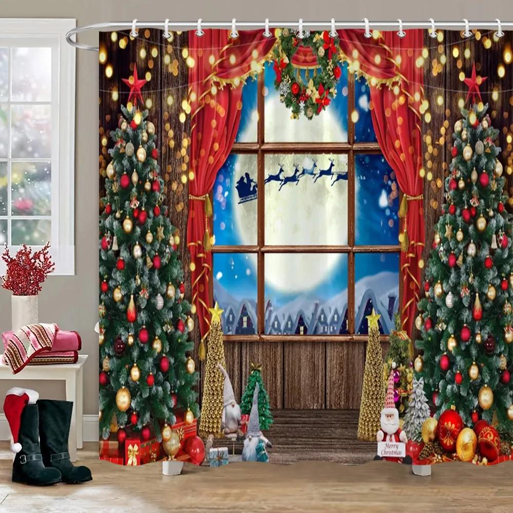 Рождественская вечеринка Занавески для душа Камин Рождественская елка и подарки Снеговик Снежная сцена Моющаяся занавеска для душа Арт Декор для ванной