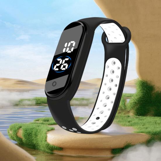 Светодиодные электронные часы Водонепроницаемые противоскользящие регулируемые двухцветные ремешки из ТПУ Прямоугольный циферблат Детские студенческие повседневные спортивные цифровые наручные часы