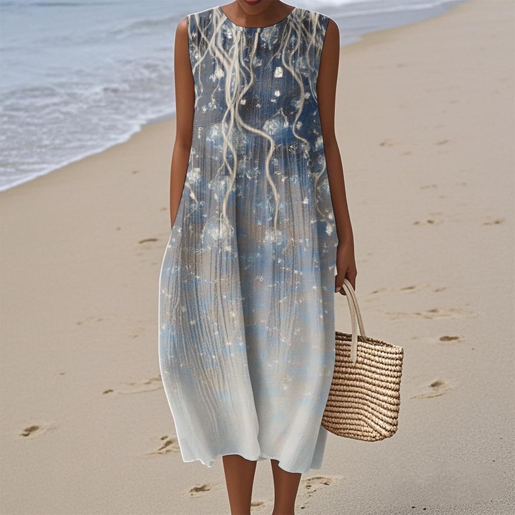 Женское модное повседневное платье без рукавов с круглым вырезом и цветочным принтом, элегантное, темпераментное